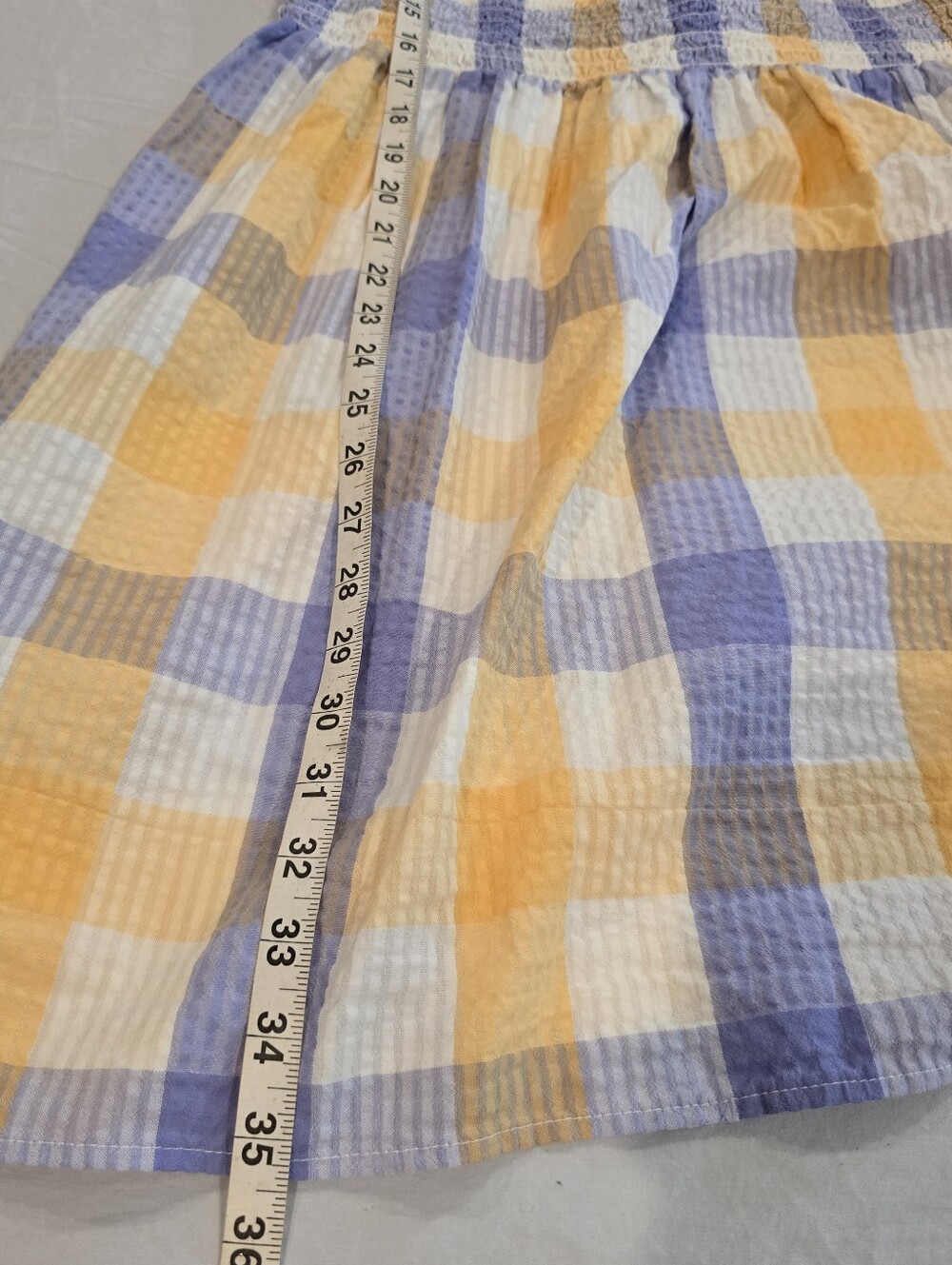 Arizona Plaid Puff-Sleeve Smocked Mini Dress in Yellow & Lavender Size Large - Picture 9 of 10